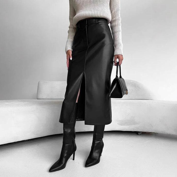 Damen Lederrock mit elegantem Schlitz und hohem Bund Drune