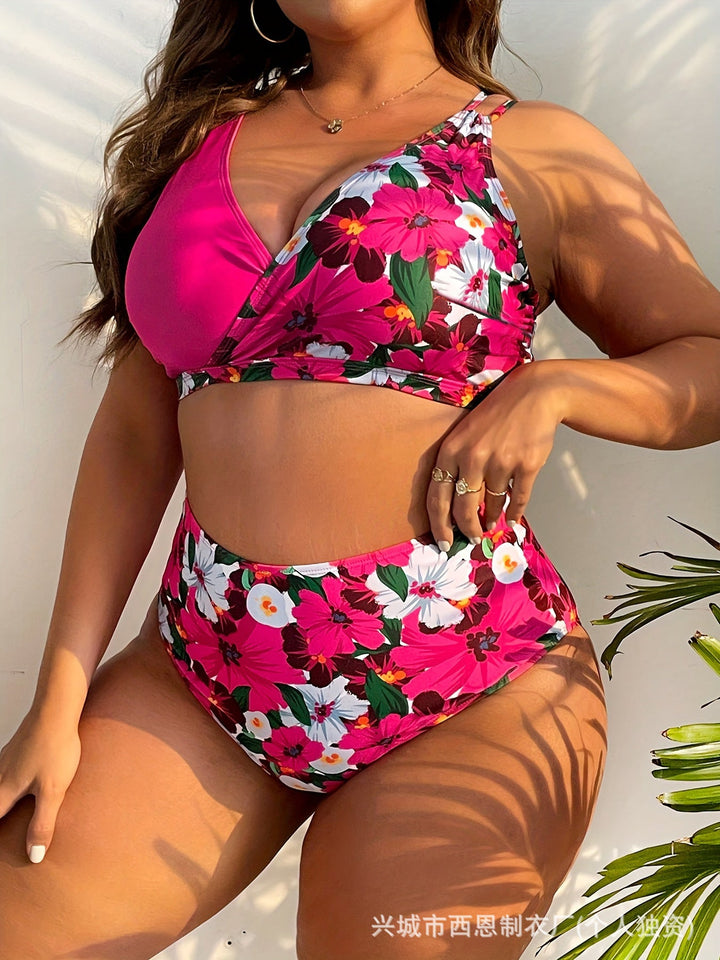 Damen nan Bikini-Set große Größen mit geformtem BH, V-Ausschnitt und hochgeschnittenem Taillenslip Drune