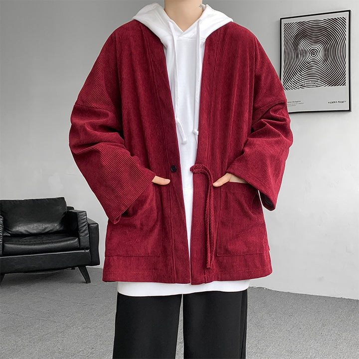 Herren nan oversized Cord-Kimono-Cardigan mit Kordelzug, aufgesetzten Taschen und Tropfenärmeln Drune