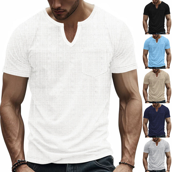 Herren Kurzarm V-Ausschnitt T-Shirt mit Brusttasche Drune
