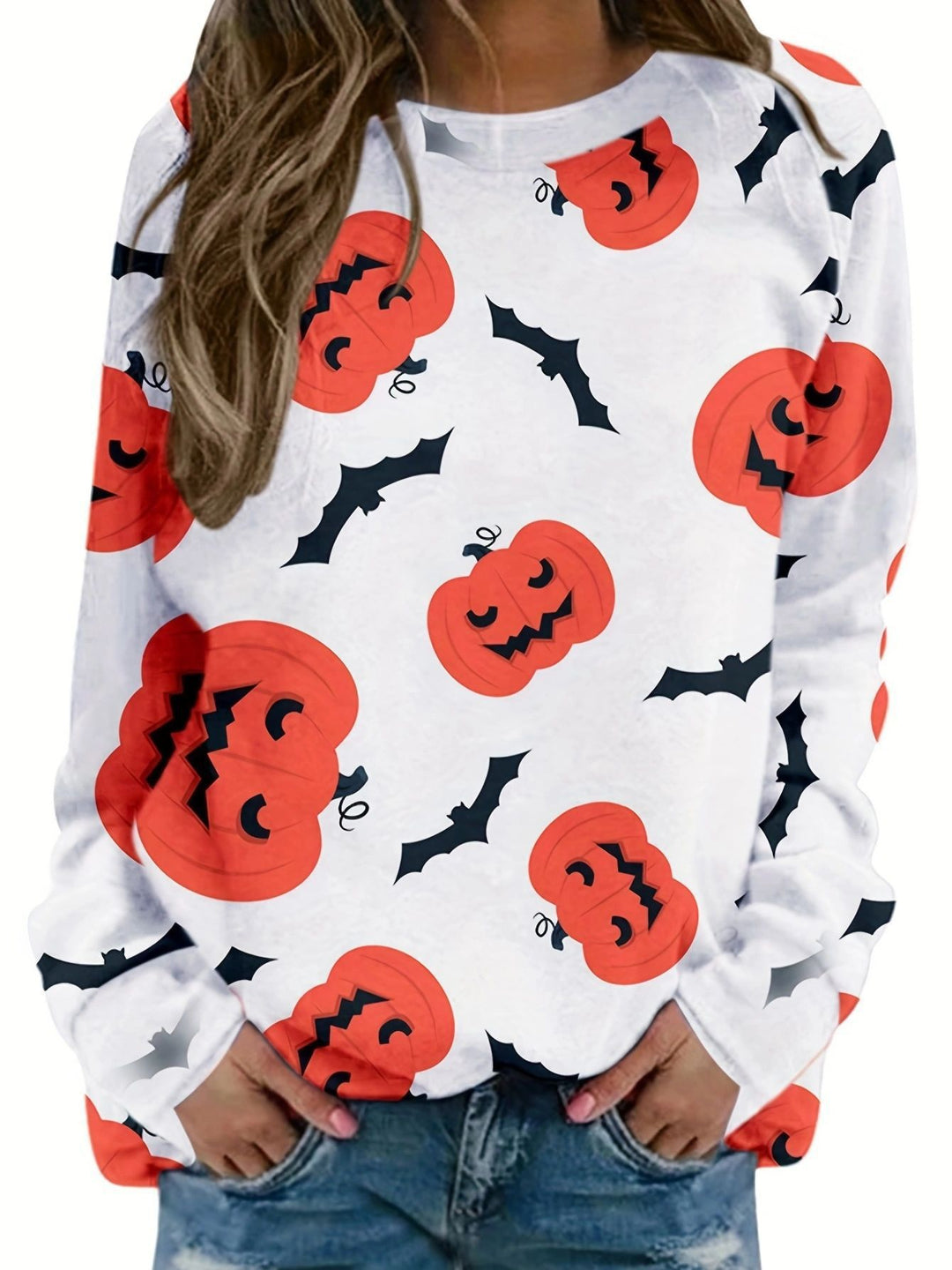 Damen lässiges Sweatshirt mit Halloween-Motiv und bequemer Passform Drune