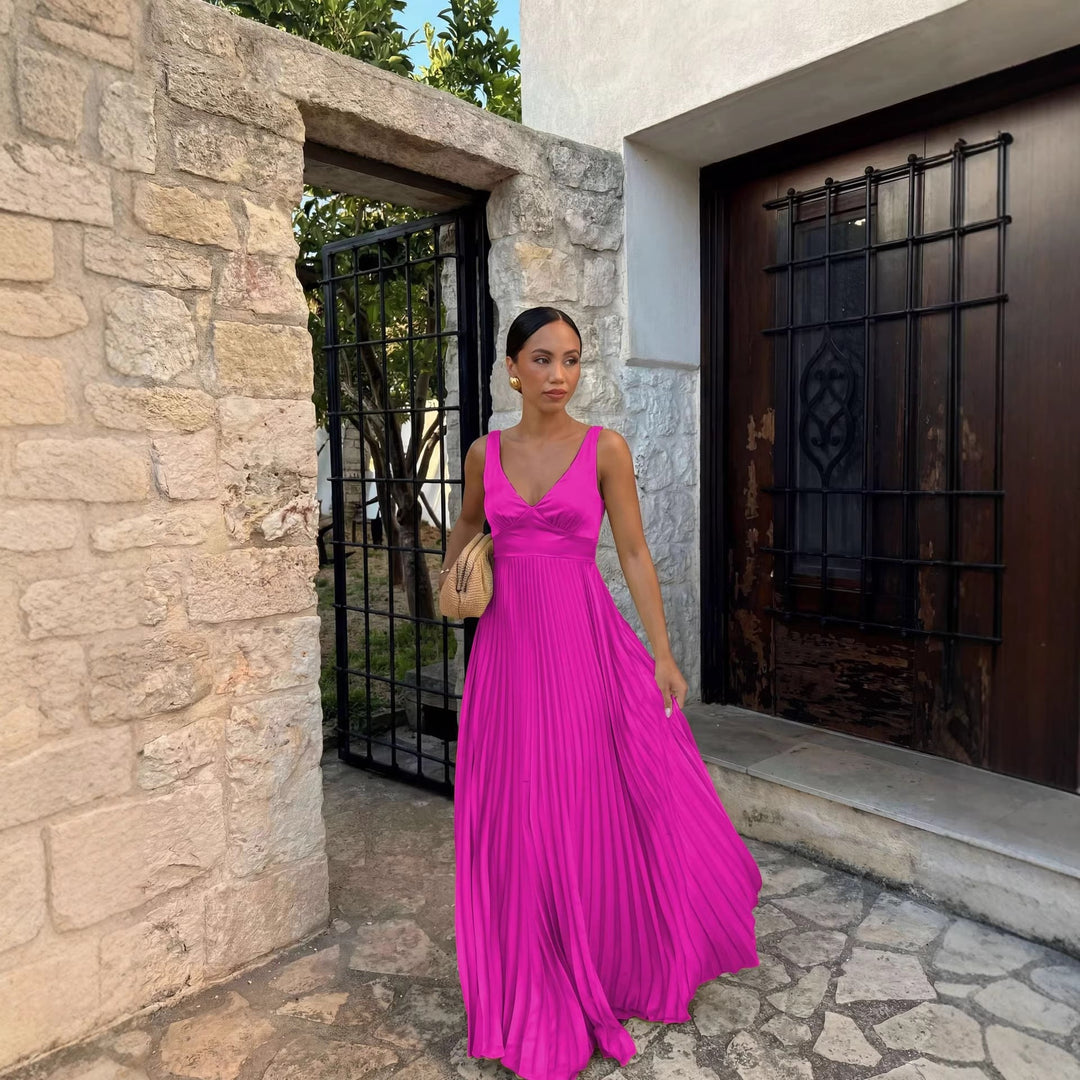 Damen Plisseekleid mit tiefem V-Ausschnitt und eleganter Silhouette Drune