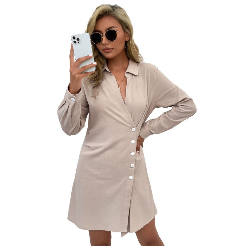 Damen Langarm-Wickel-Hemdblusenkleid aus Jersey mit asymmetrischer Knopfleiste Drune