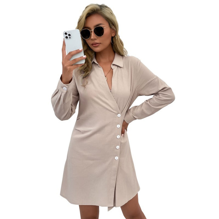 Damen Langarm-Wickel-Hemdblusenkleid aus Jersey mit asymmetrischer Knopfleiste Drune