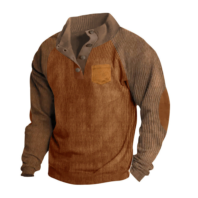 Herren Geripptes Henley‑Pullover mit Raglanärmeln, Ellenbogen‑Patches & Brusttasche Drune