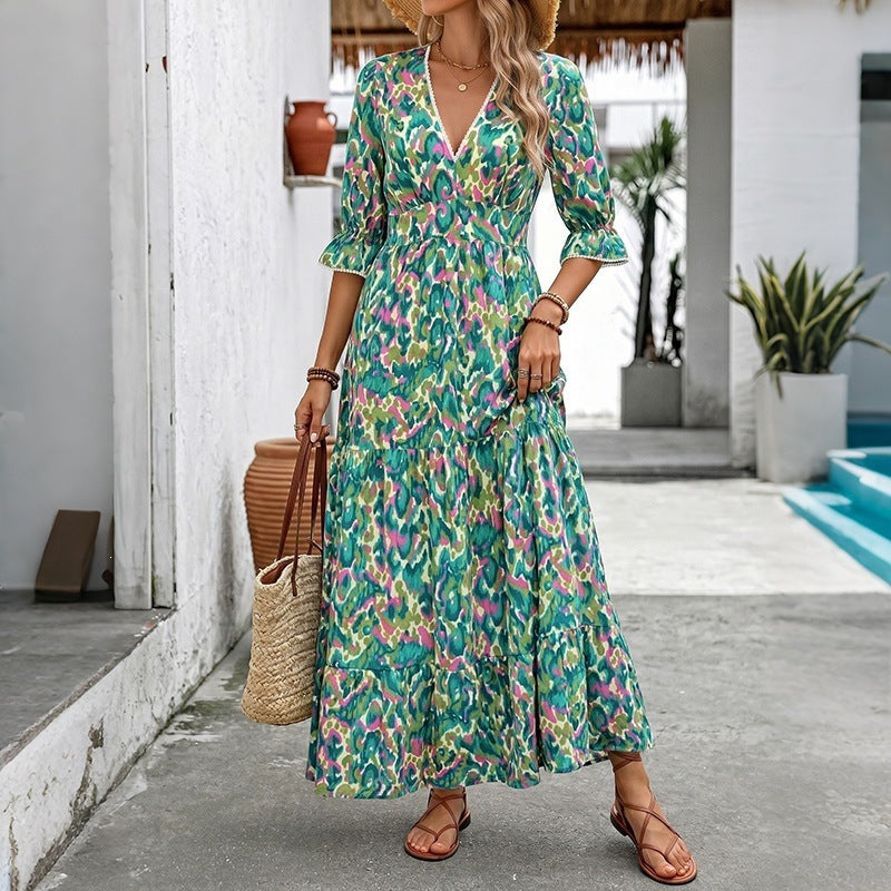 Damen Langes Maxikleid mit Rüschendetails und V-Ausschnitt Drune