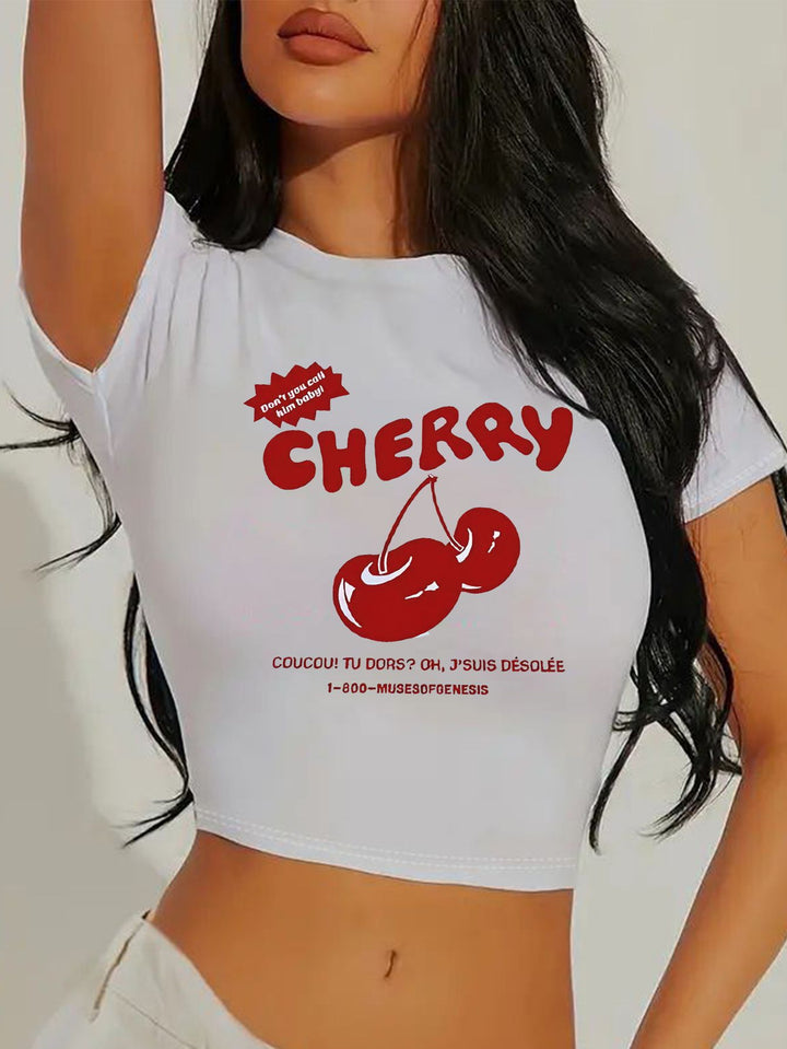 Damen Crop-T-Shirt mit animalistischem Lippenmotiv und auffälligem Schriftzug Drune