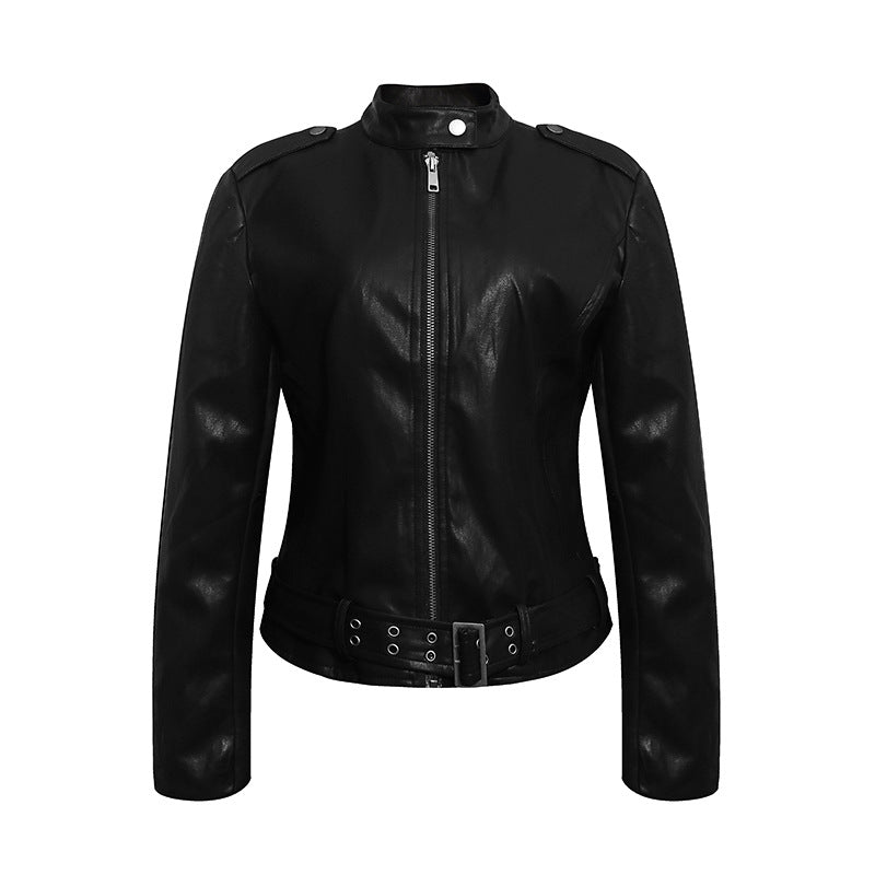 Damen Taillierte Lederoptik-Jacke mit Stehkragen, Schulterklappen und Taillengürtel Drune