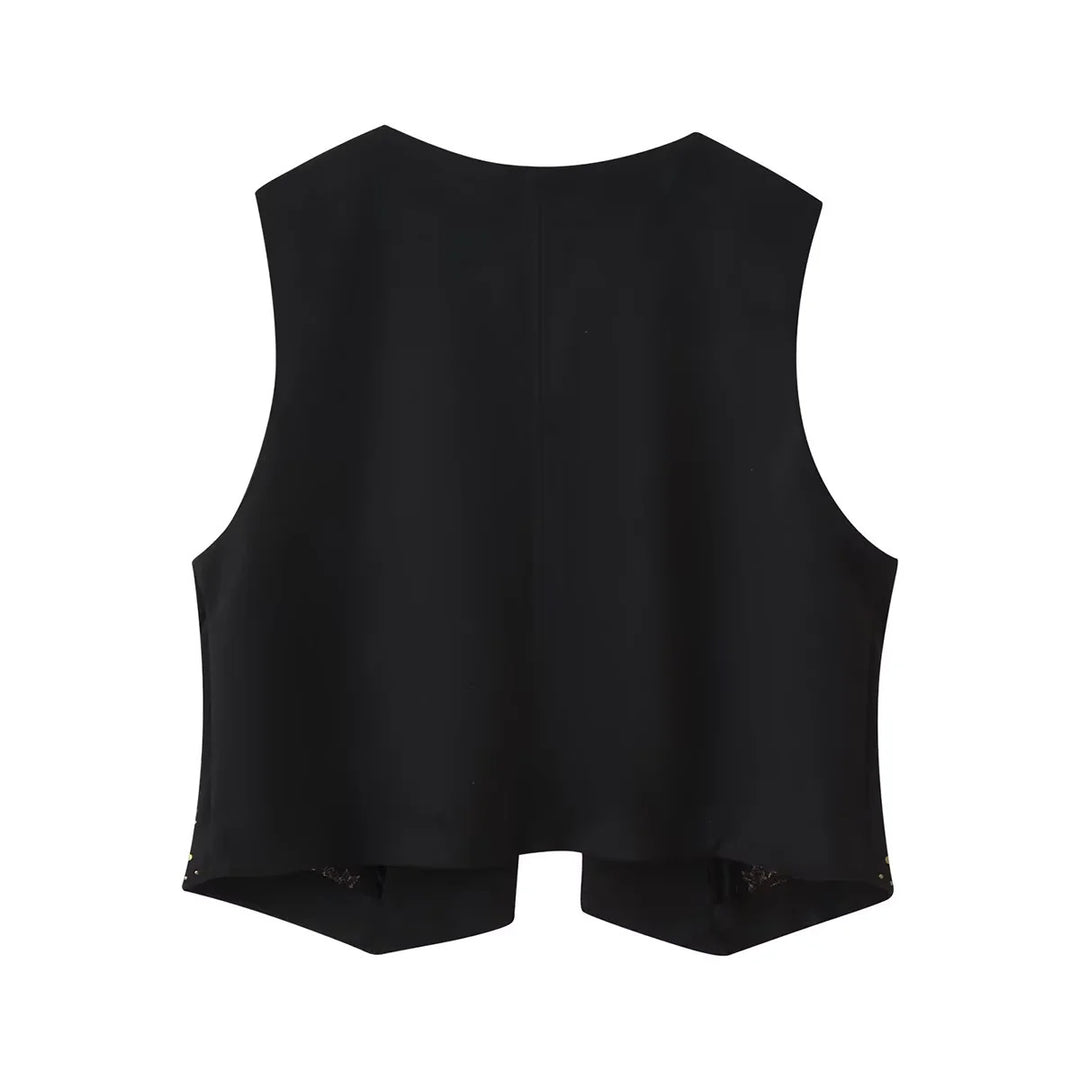 Damen nan bestickte taillierte Weste mit floraler Stickerei, Metallnieten und Bindeband Drune