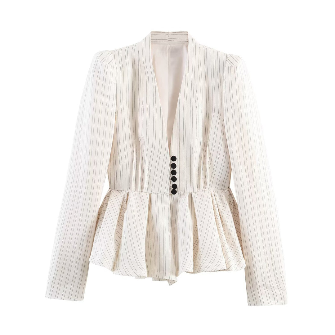 Damen Taillierter Peplum-Blazer mit tiefem V-Ausschnitt und Nadelstreifen Drune
