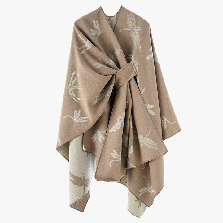 Damen Reversibler Jacquard‑Capeponcho mit feinem Insekten‑Jacquard und Bindeschlitz Drune