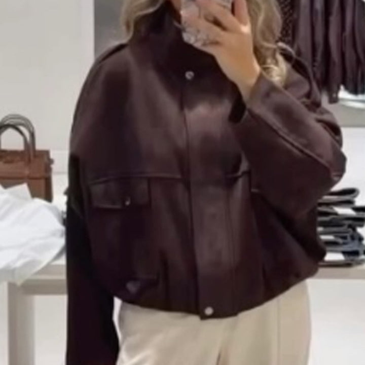 Damen Oversize Cropped Kunstlederjacke mit Stehkragen und Pattentaschen Drune