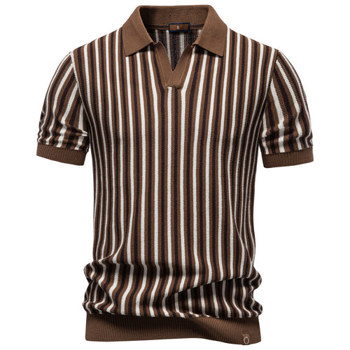 Herren nan gestreiftes Strickpoloshirt kurzarm aus feiner Baumwollmischung mit Polokragen und Rippbündchen Drune