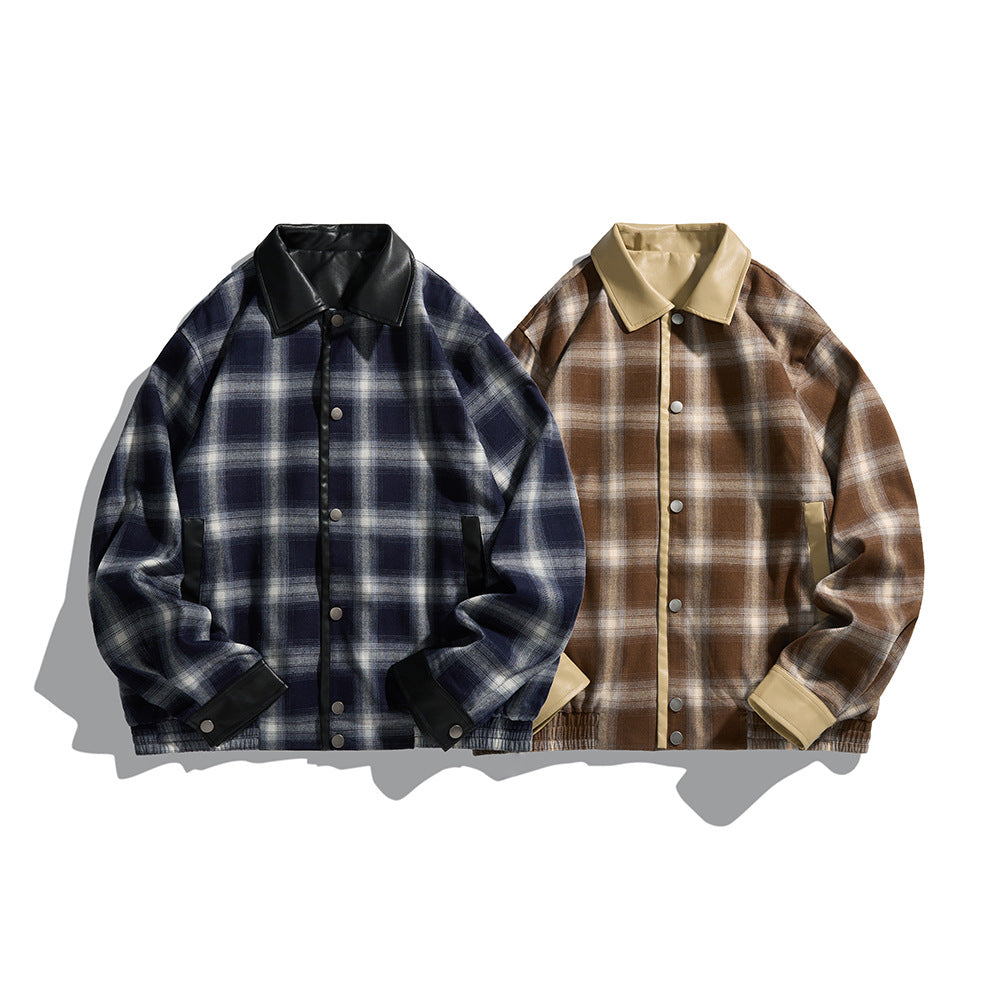 Herren Karierte Overshirt‑Jacke aus Flanell mit Kunstleder‑Details und Druckknopfleiste Drune