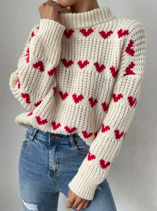 Drune Halb Hochkragen Locker Passform Liebesherz Jacquard Strickpullover