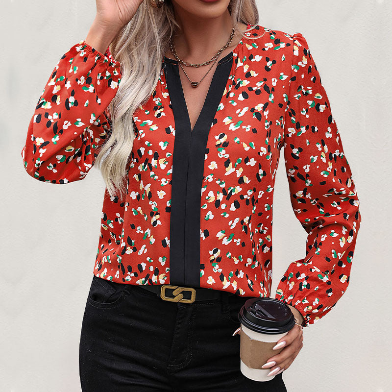 Damen Modische Bluse mit V-Ausschnitt und floralem Muster Drune