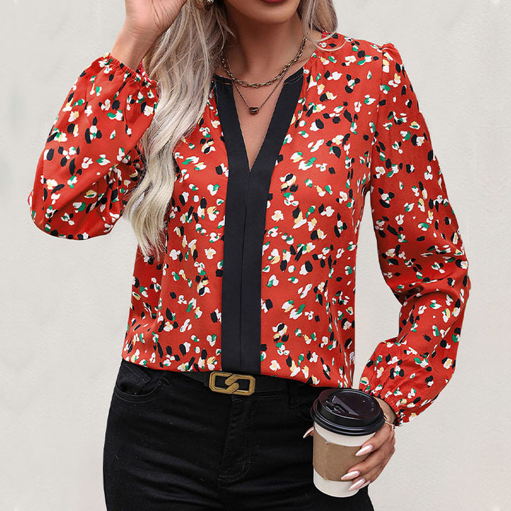 Damen Modische Bluse mit V-Ausschnitt und floralem Muster Drune