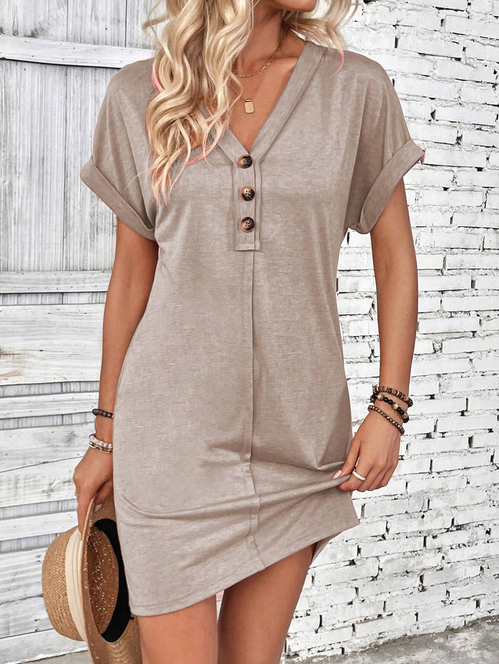 Damen Lockeres V-Ausschnitt Freizeitkleid mit Zierknopfleiste Drune