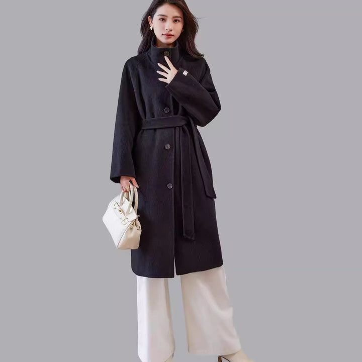 Damen Oversize Wollmantel mit Stehkragen und Taillengürtel Drune