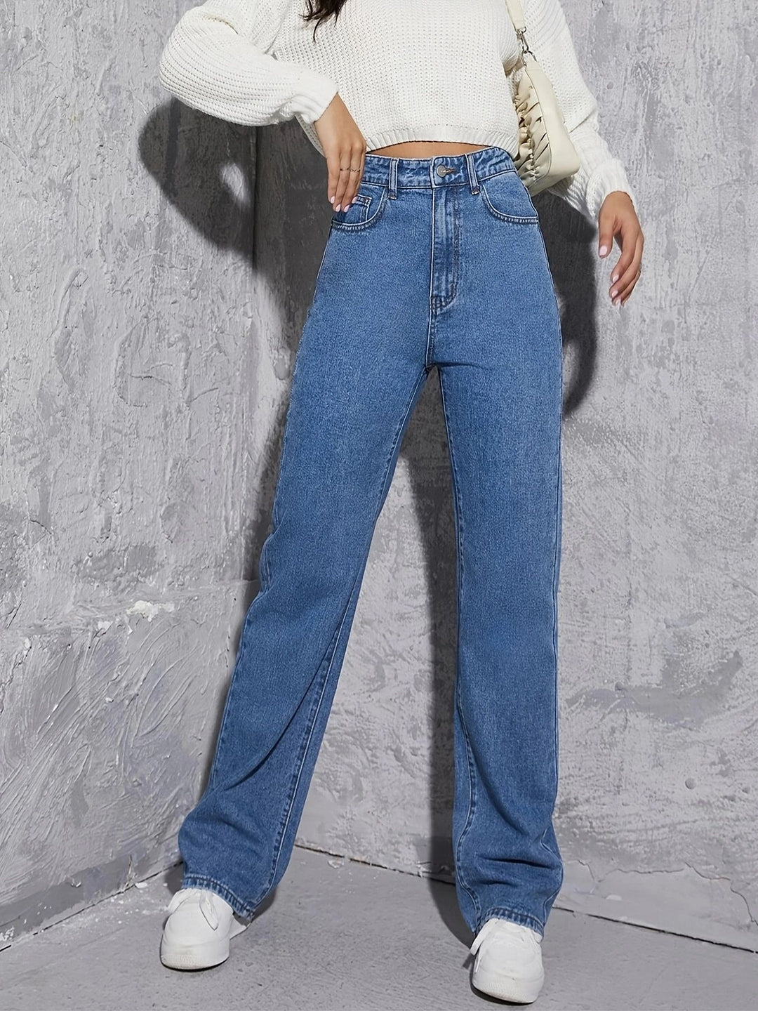 Damen hoch taillierte weite Jeans mit schickem Schnitt und dezenten Waschungen Drune