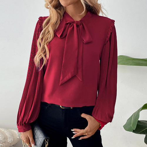 Damen Plissierte Chiffon-Bluse mit Schleifenkragen, Ballonärmeln und Rüschendetail Drune