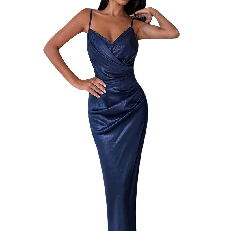 Damen Elegantes Satin-Maxikleid mit tiefem Schlitz und verstellbaren Trägern Drune