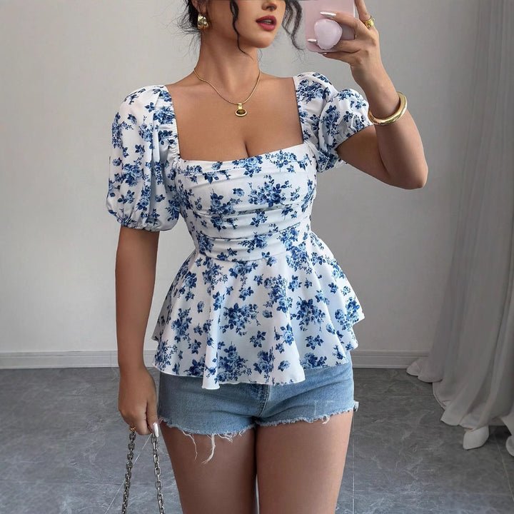 Damen Raffiniertes Oberteil mit Puffärmeln und floralem Design Drune