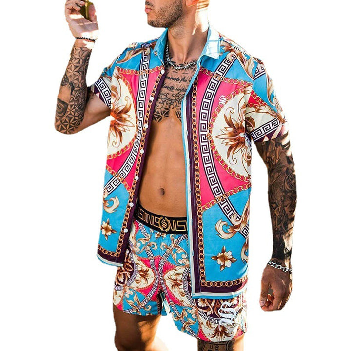 Männer Lebhaftes Tropenprint Kurzarmhemd und Passende Badehose Set Drune