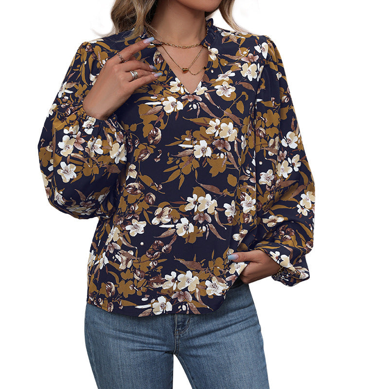 Damen Leichte Chiffonbluse mit floralem Alloverprint, V-Ausschnitt und voluminösen Bündelärmeln Drune