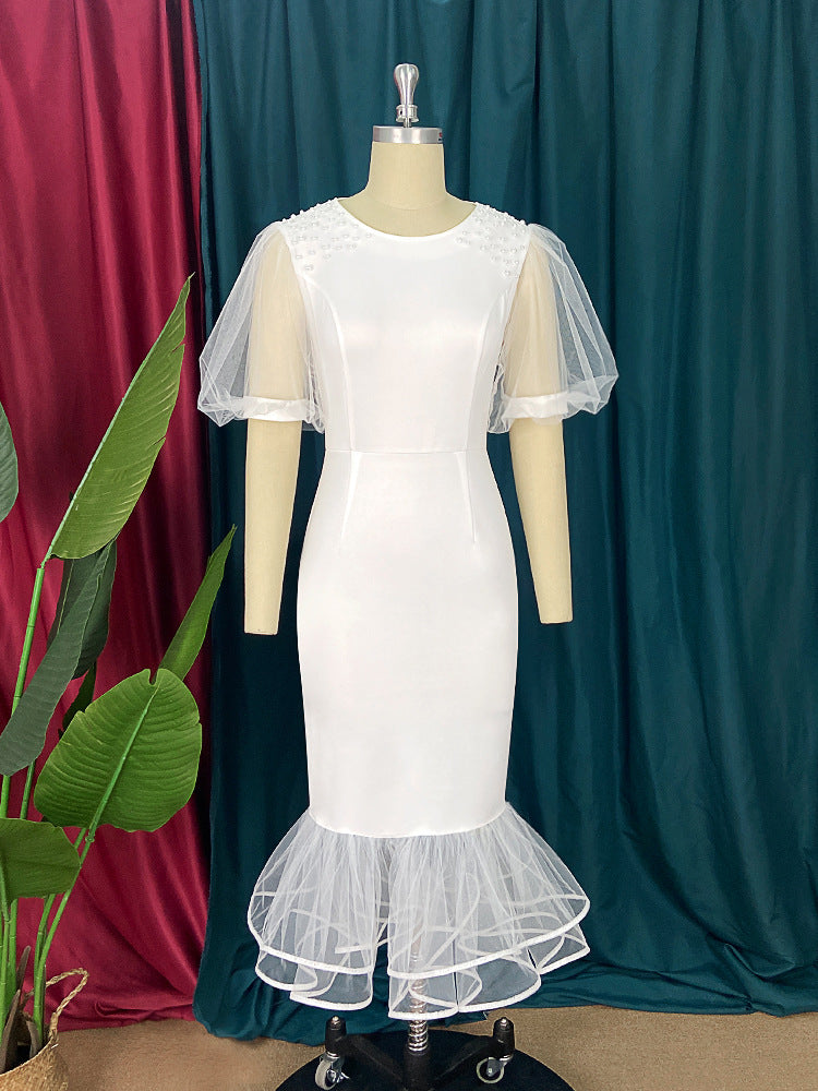 Damen Elegantes Maxikleid mit voluminösen Tüllärmeln und Rüschensaum Drune
