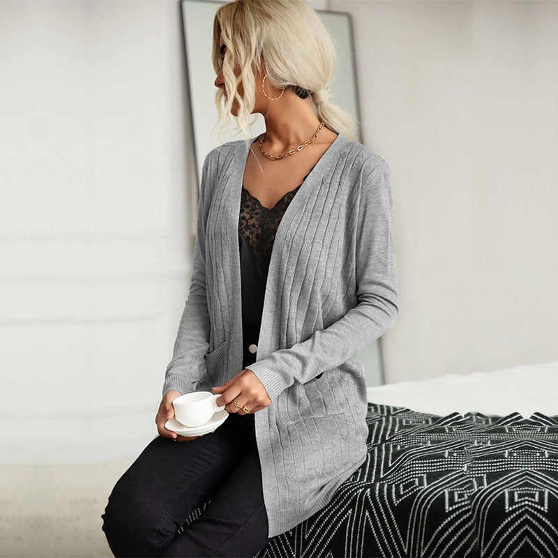 Damen Langer Feinstrick-Cardigan mit Rippenstruktur und Eingrifftaschen Drune