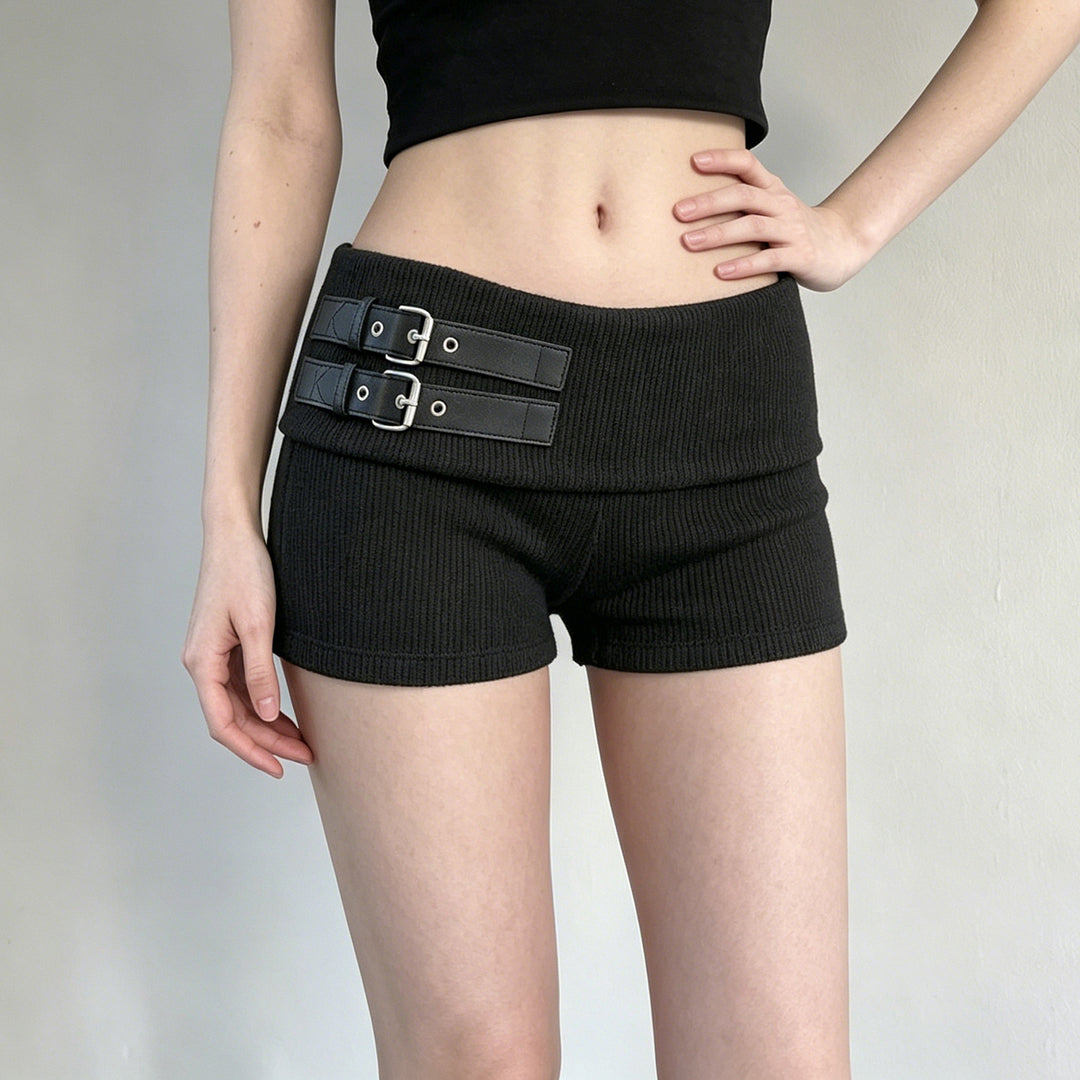 Damen elegante Shorts mit dekorativen Riemen und hohem Bund Drune