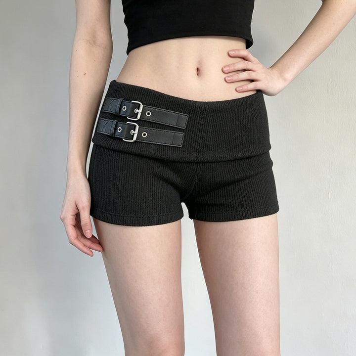 Damen elegante Shorts mit dekorativen Riemen und hohem Bund Drune