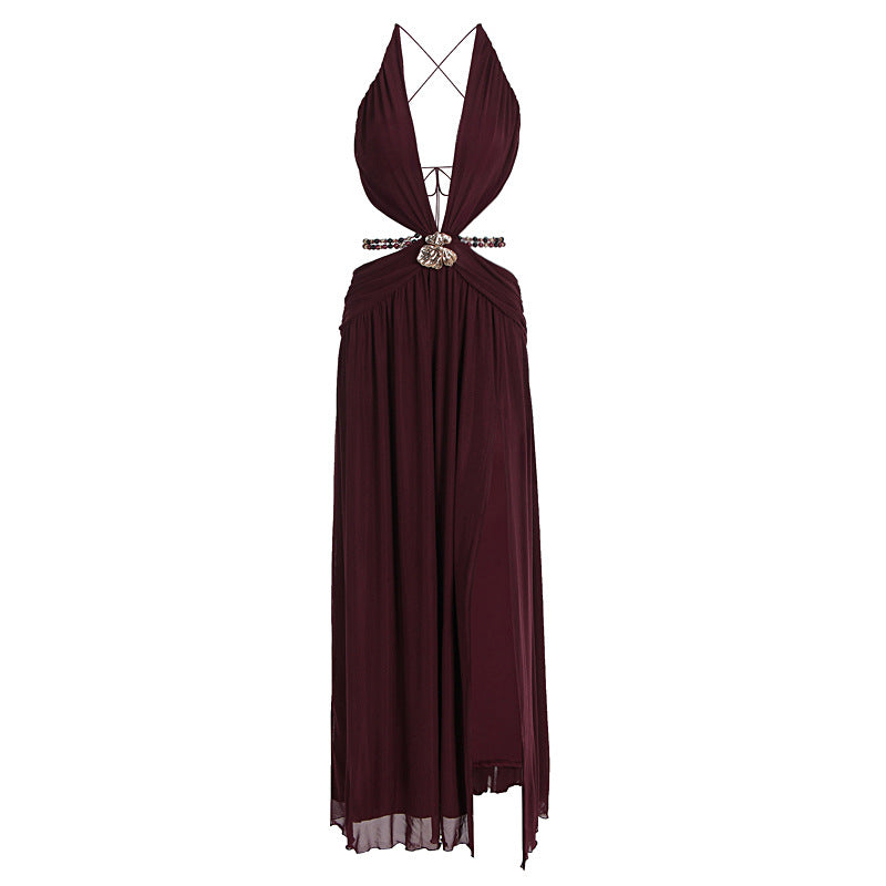 Damen Maxikleid mit tiefem V-Ausschnitt und elegantem Wickeldesign Drune