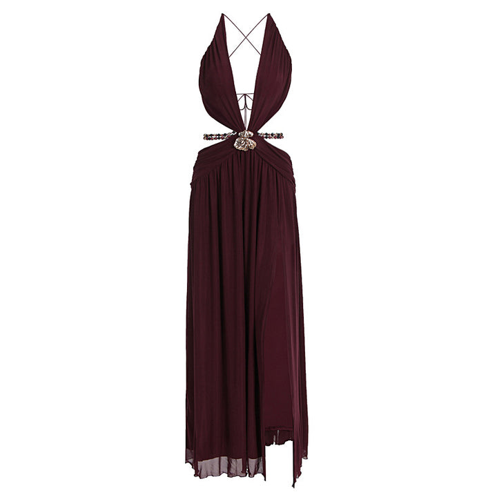 Damen Maxikleid mit tiefem V-Ausschnitt und elegantem Wickeldesign Drune