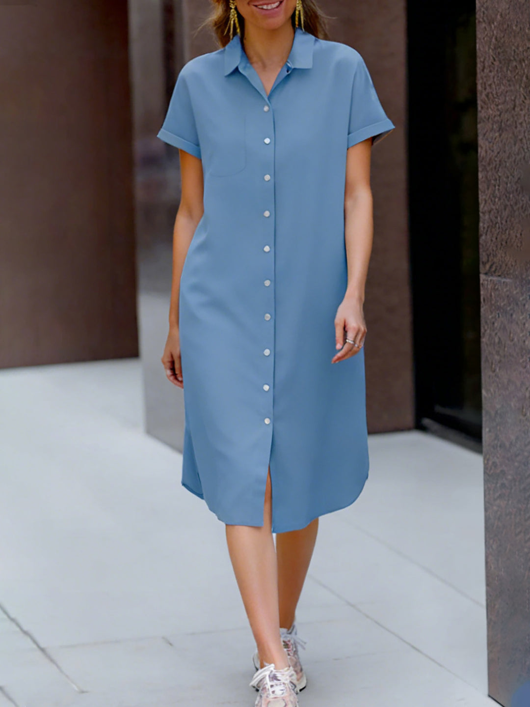 Damen Baumwollkleid mit Knopfverschluss und Taschen Drune