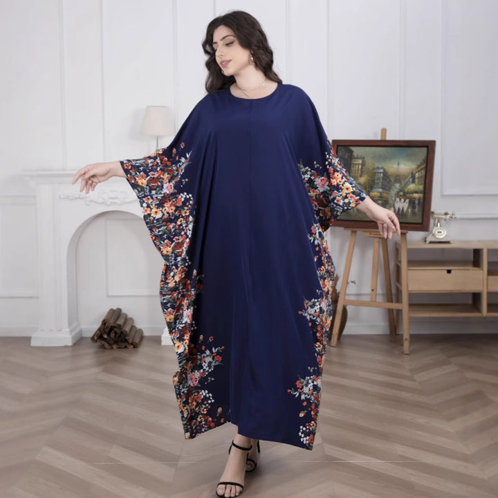 Damen Fließendes Maxikaftan-Kleid mit floralem Saum und dreiviertel Ärmeln Drune