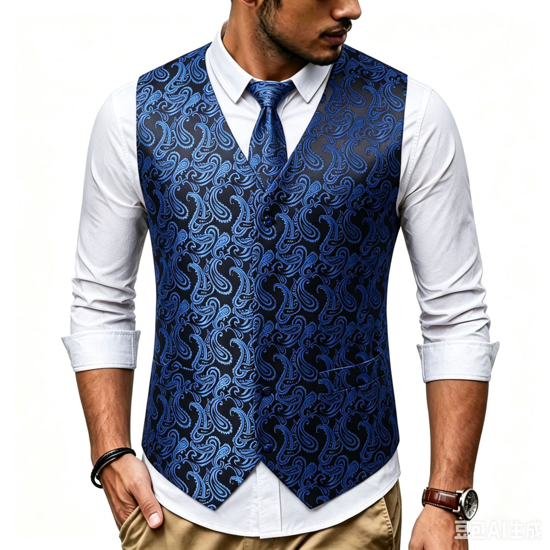 Herren Satin-Jacquard-Weste mit Paisley-Muster und passender Krawatte Drune