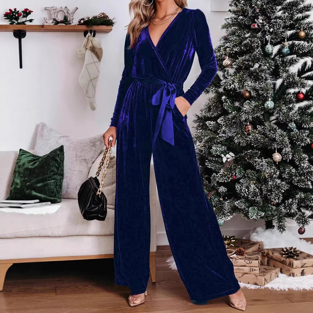 Damen Samt‑Jumpsuit mit Wickel‑V‑Ausschnitt, weitem Bein und Taillengürtel Drune