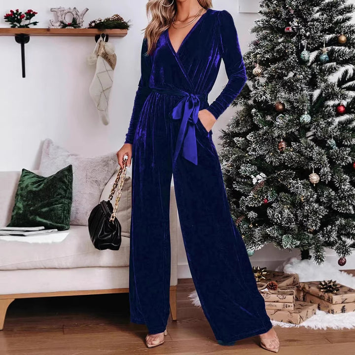 Damen Samt‑Jumpsuit mit Wickel‑V‑Ausschnitt, weitem Bein und Taillengürtel Drune