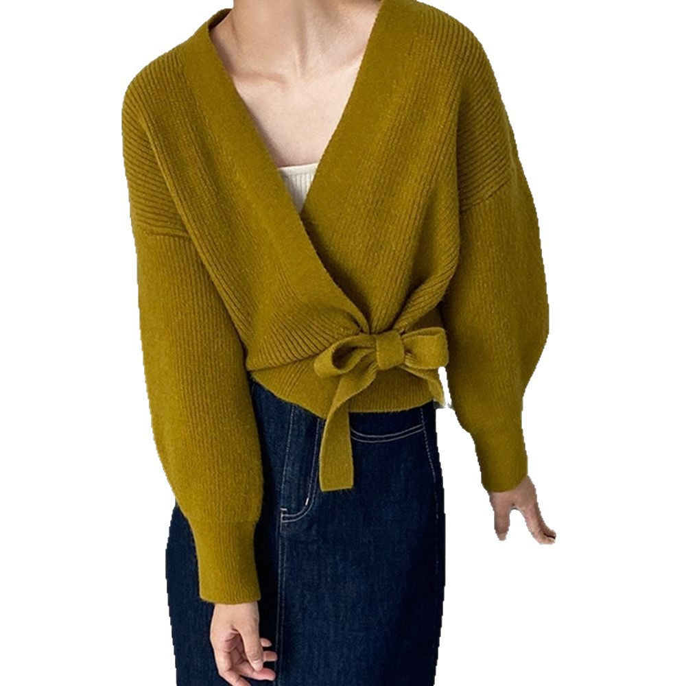 Damen eleganter Wickelpullover mit V-Ausschnitt und Taillenzug Drune