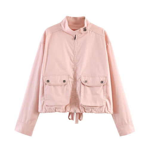 Damen Kurzjacke im Safari‑Stil mit Stehkragen, Kängurutaschen und Kordelzug Drune