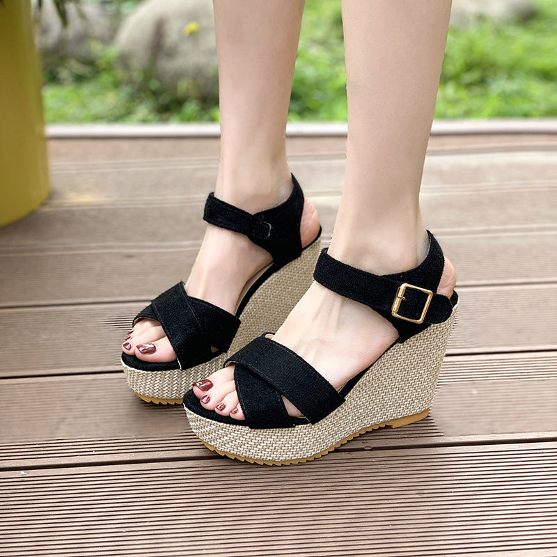 Damen nan Espadrille-Keilabsatz-Sandalette mit gekreuzten Veloursriemen und verstellbarer Schnallenlasche Drune