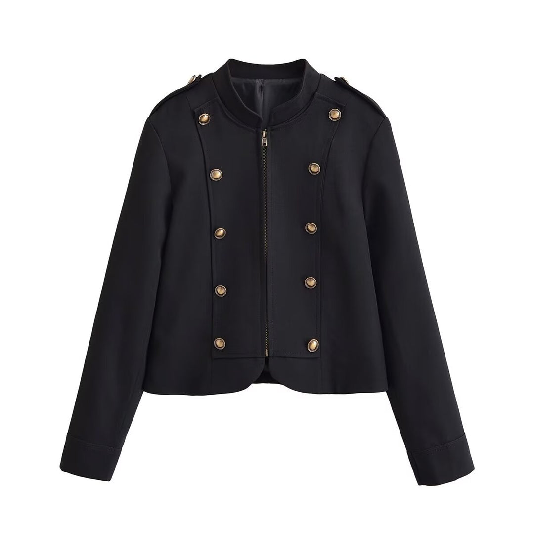 Damen Kurze Militärjacke mit Stehkragen und doppelter Zierknopfleiste Drune
