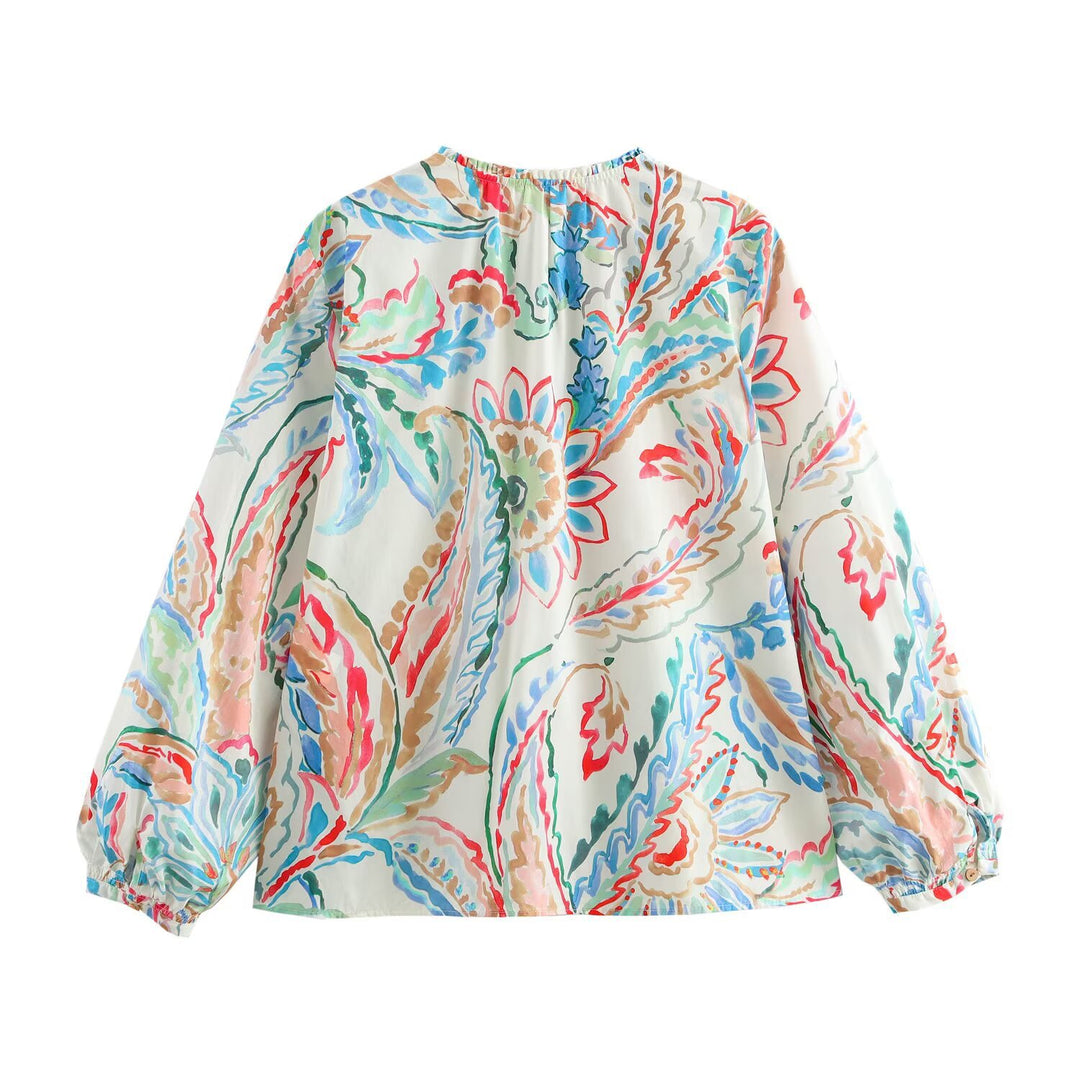 Damen Leichte Viskose-Bluse mit Aquarell‑Floralprint, V‑Ausschnitt und Ballonärmeln Drune