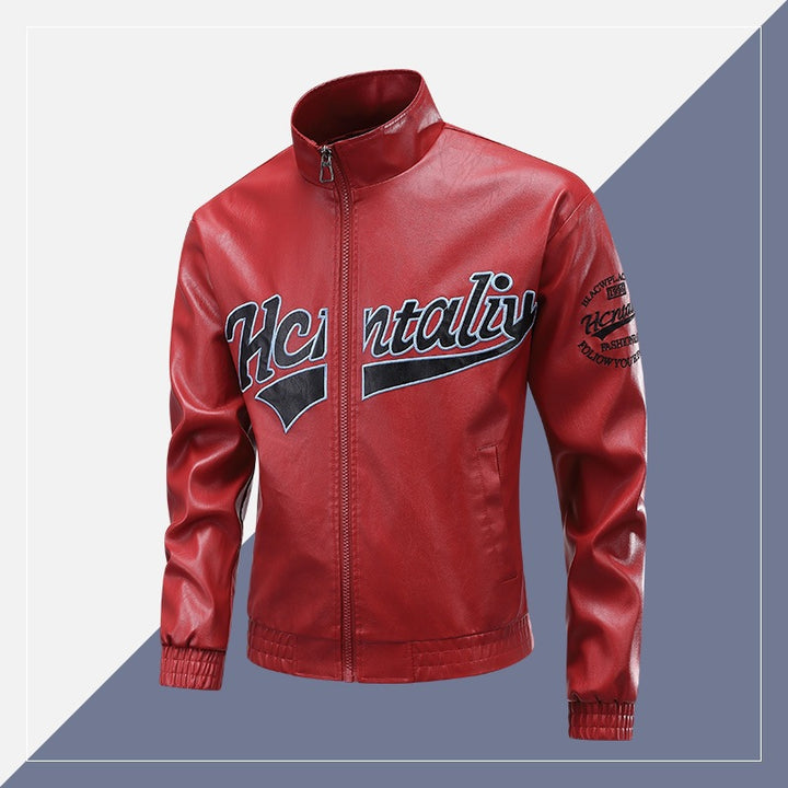 Herren Lederimitat-Bomberjacke mit Stehkragen, Logostickerei & Frontzip Drune