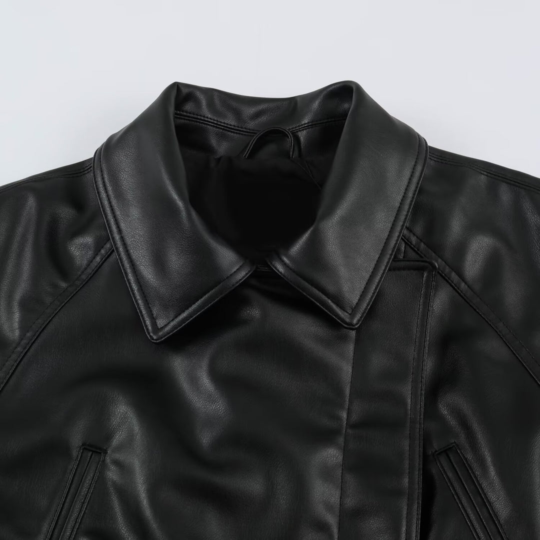 Damen Kurzjacke aus Lederimitat mit Taillengürtel und Oversize-Ärmeln Drune