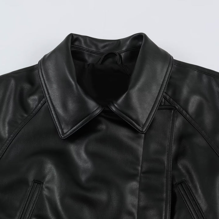 Damen Kurzjacke aus Lederimitat mit Taillengürtel und Oversize-Ärmeln Drune