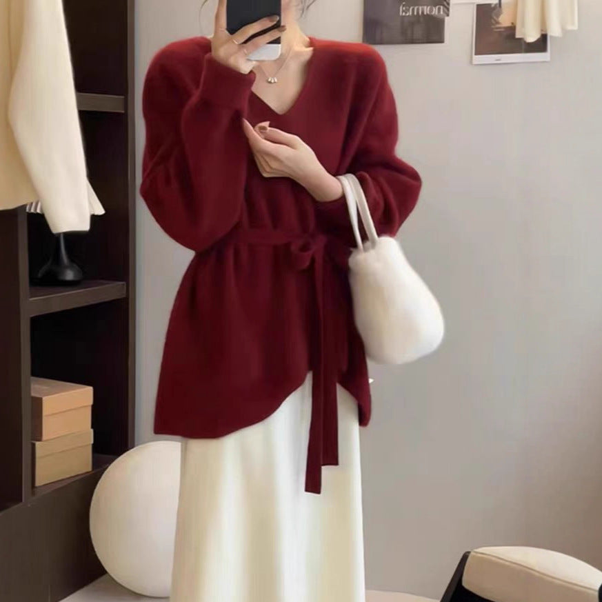 Damen Strickjacke mit Taillengürtel und V-Ausschnitt Drune