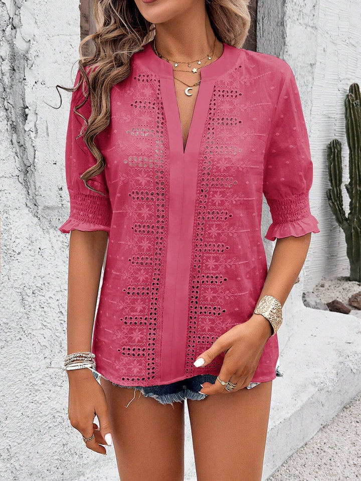 Damen Boho-Tunika mit Broderie-Anglaise und gerafften 3/4-Ärmeln Drune